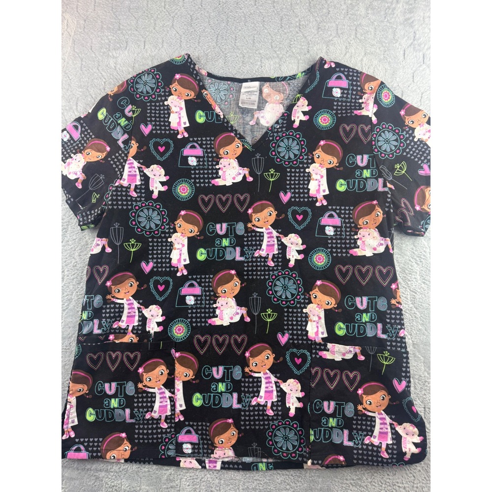 Disney Doc McStuffins Scrub Top Womens L/G Black Cute & Cuddly Print‎